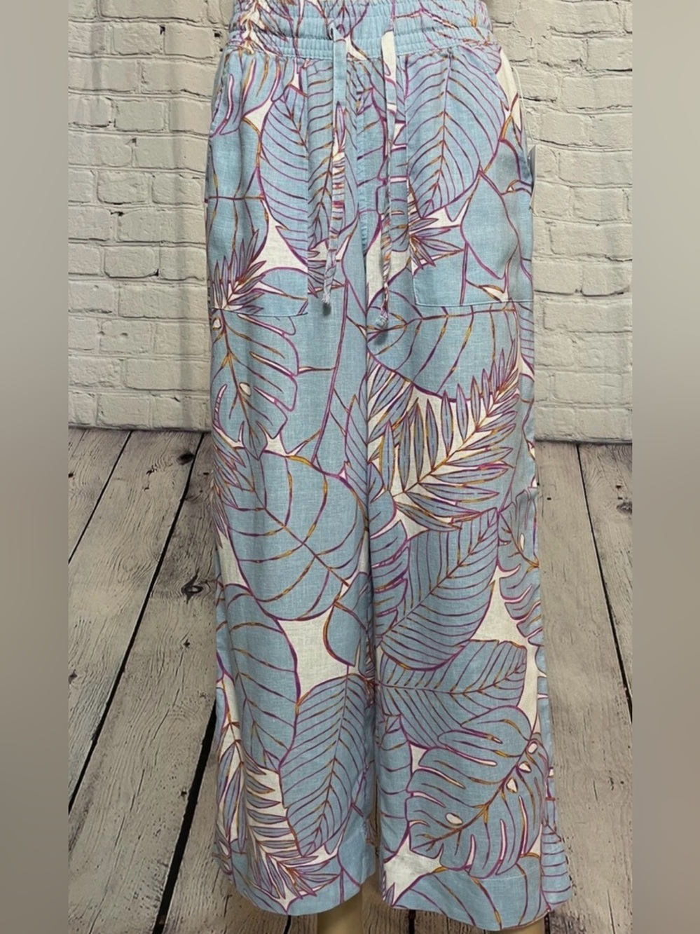 New Cynthia Rowley Linen Blue Tropical Leaf Wide-Leg Pants